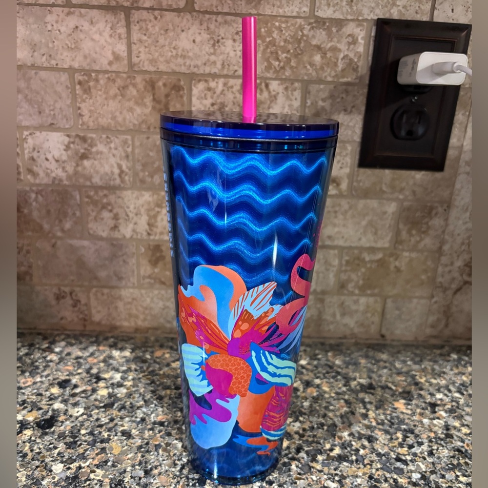 Starbucks Blue Wave Under the Sea Floral Holographic Cold Cup Tumbler Venti 24oz - Picture 4 of 8